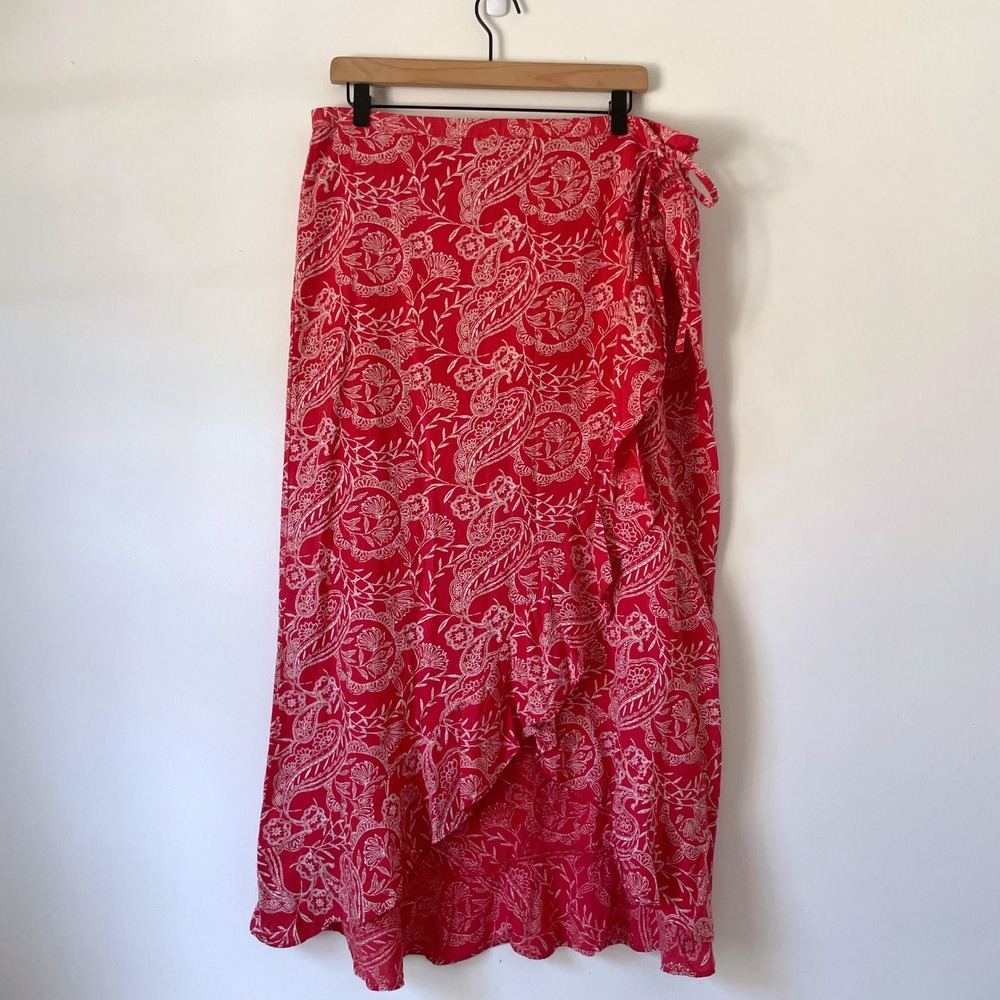 Red Paisley Floral Faux Wrap Maxi Skirt XL Boho Cottage Western Ruffle Trim